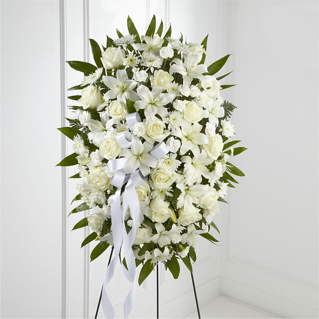 Exquisite Tribute Standing Spray-White Ribbon – Alex Floral, Stockton CA
