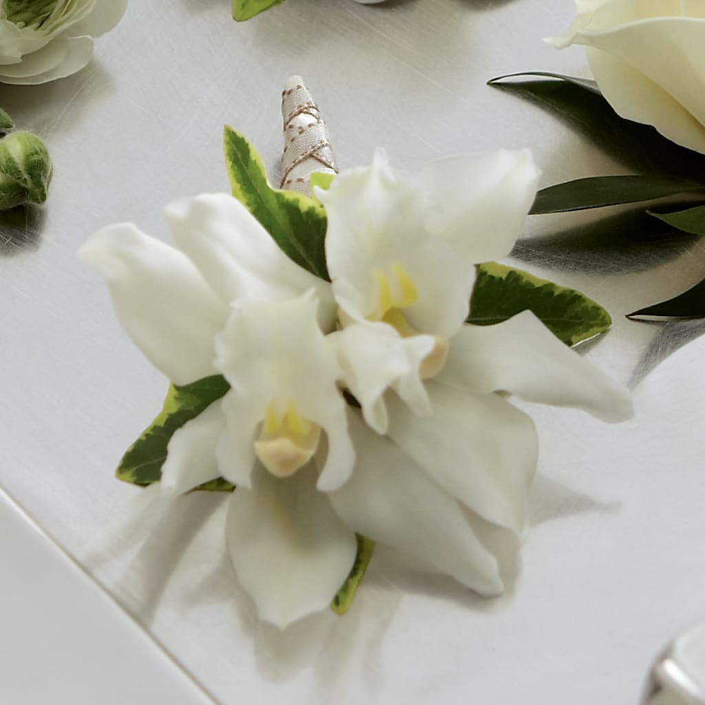 White Mini Cymbidium Boutonniere – Alex Floral, Stockton CA